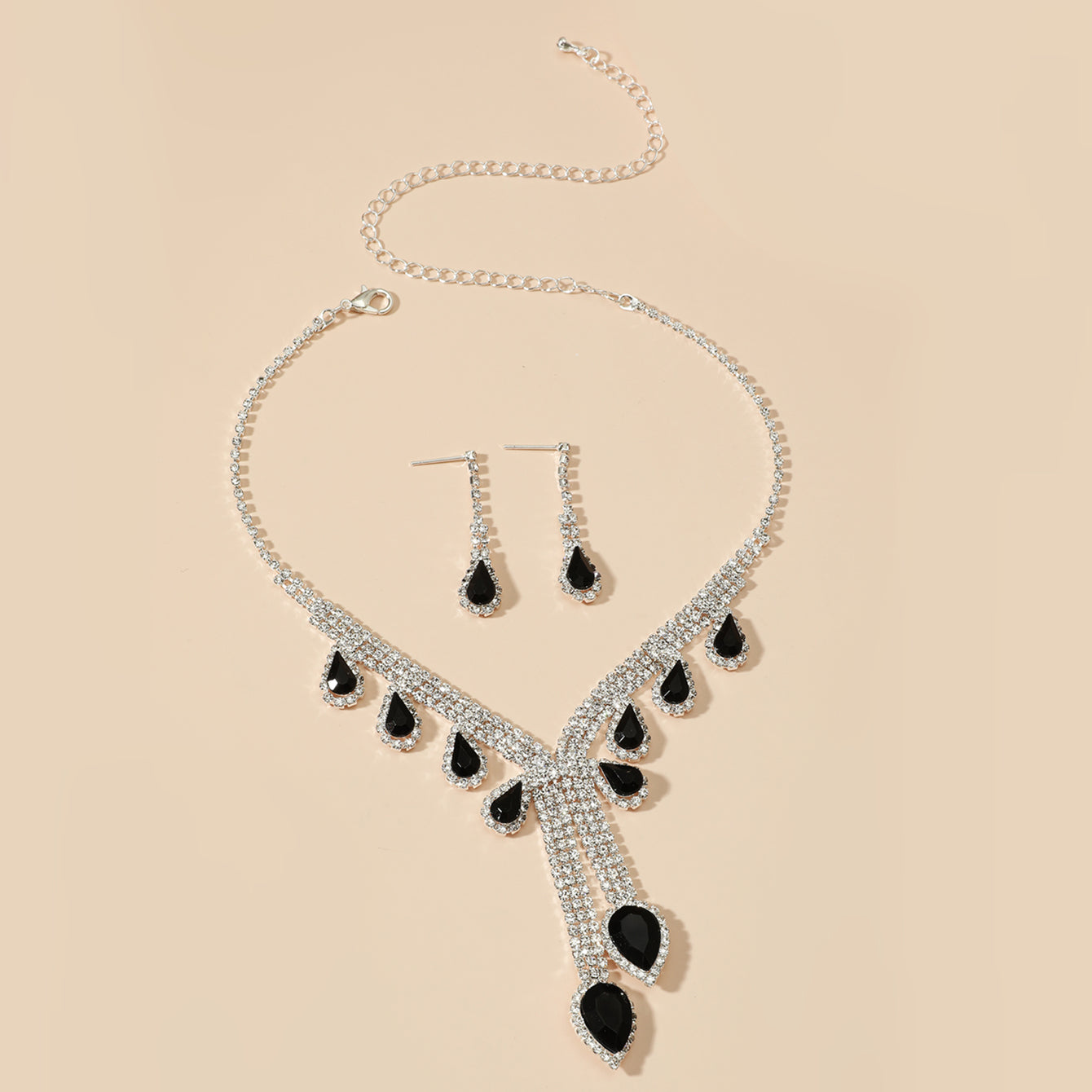 Luxe Black Onyx Waterdrop Crystal Necklace & Earring Set