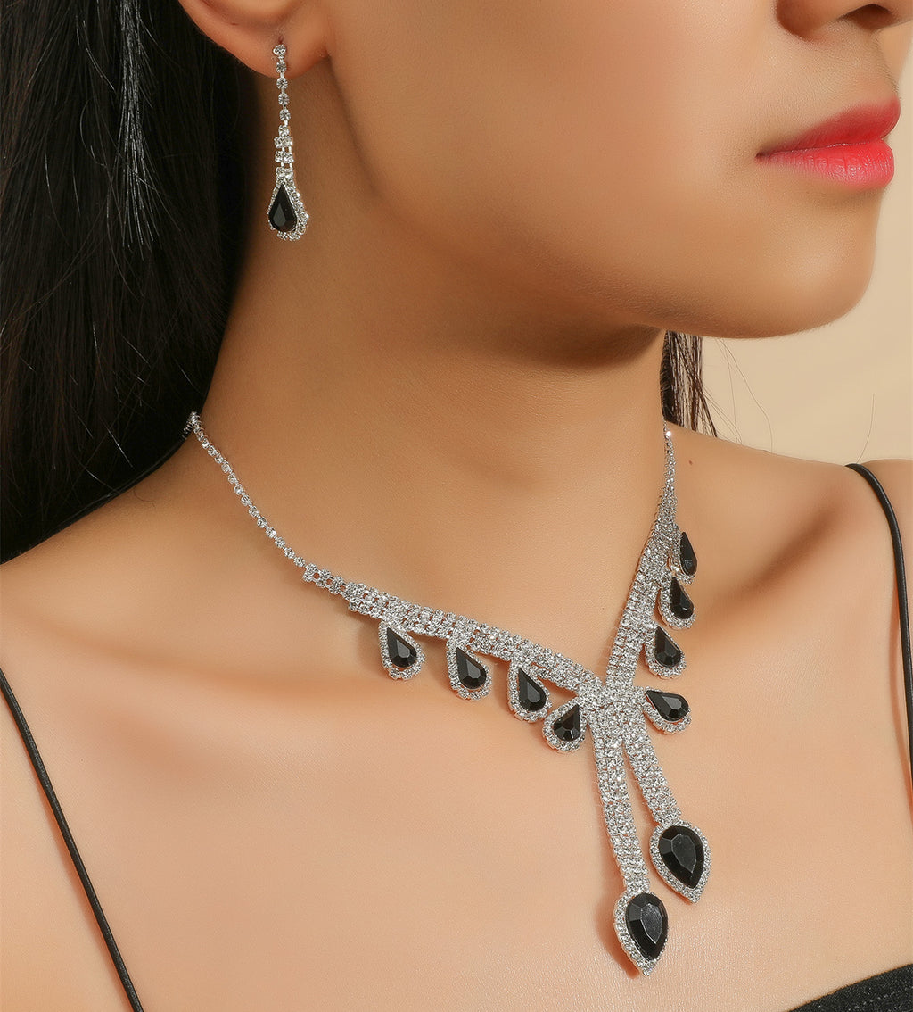 Luxe Black Onyx Waterdrop Crystal Necklace & Earring Set