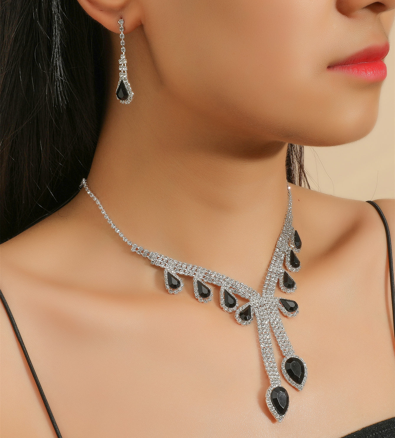 Luxe Black Onyx Waterdrop Crystal Necklace & Earring Set