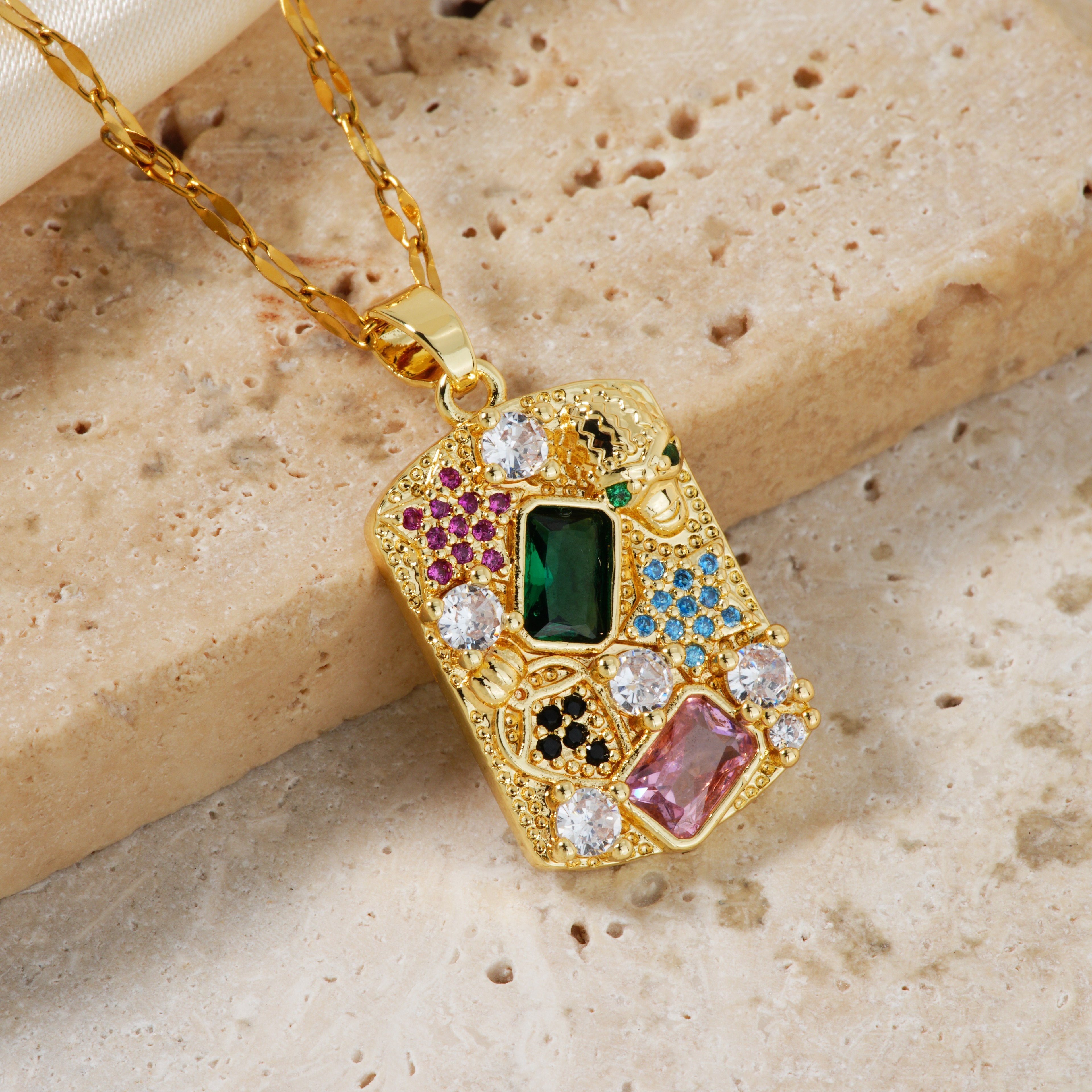 Multi-Gemstone Gold Pendant Necklace - Waterproof Stainless Steel