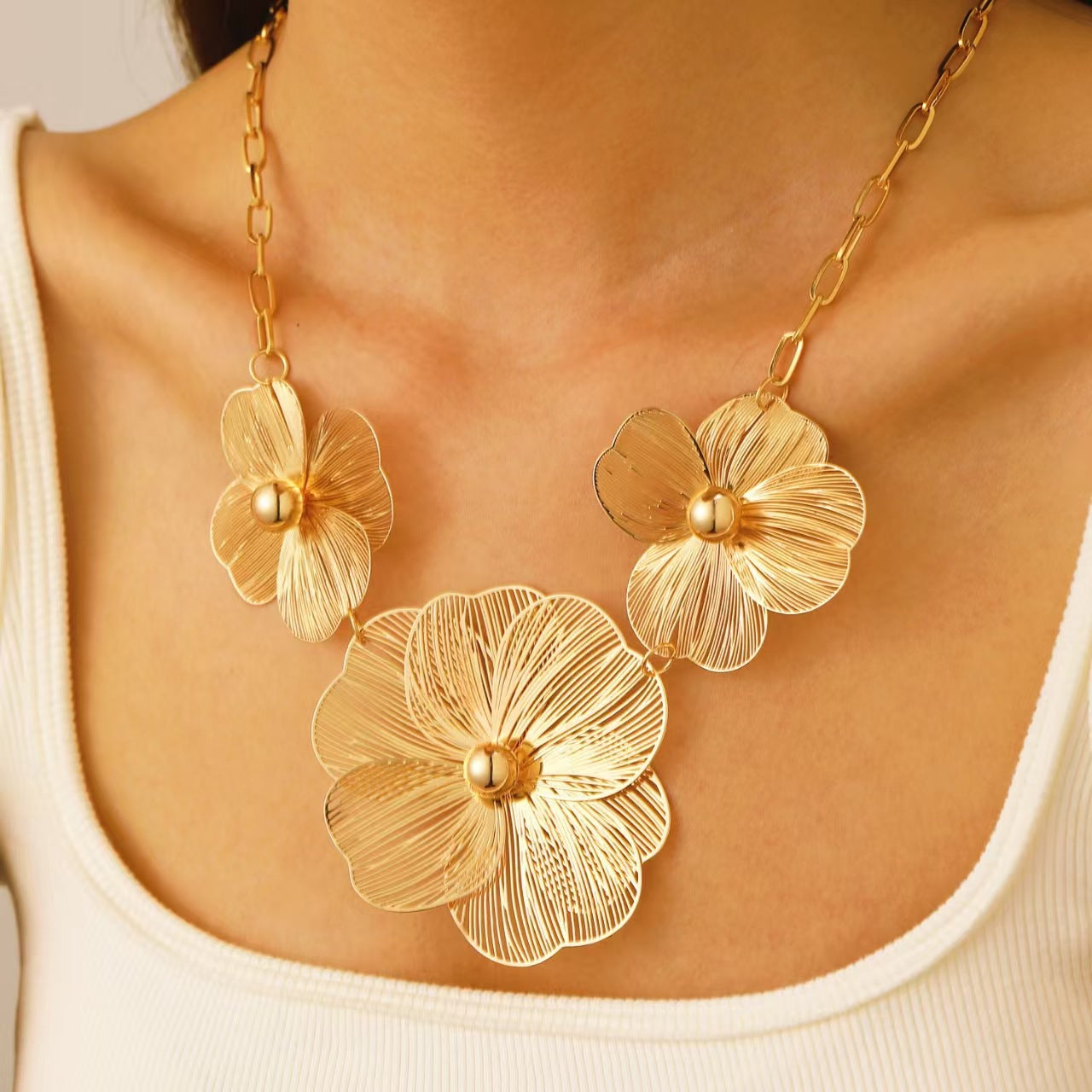 Boho Gold Floral Statement Necklace for Women
