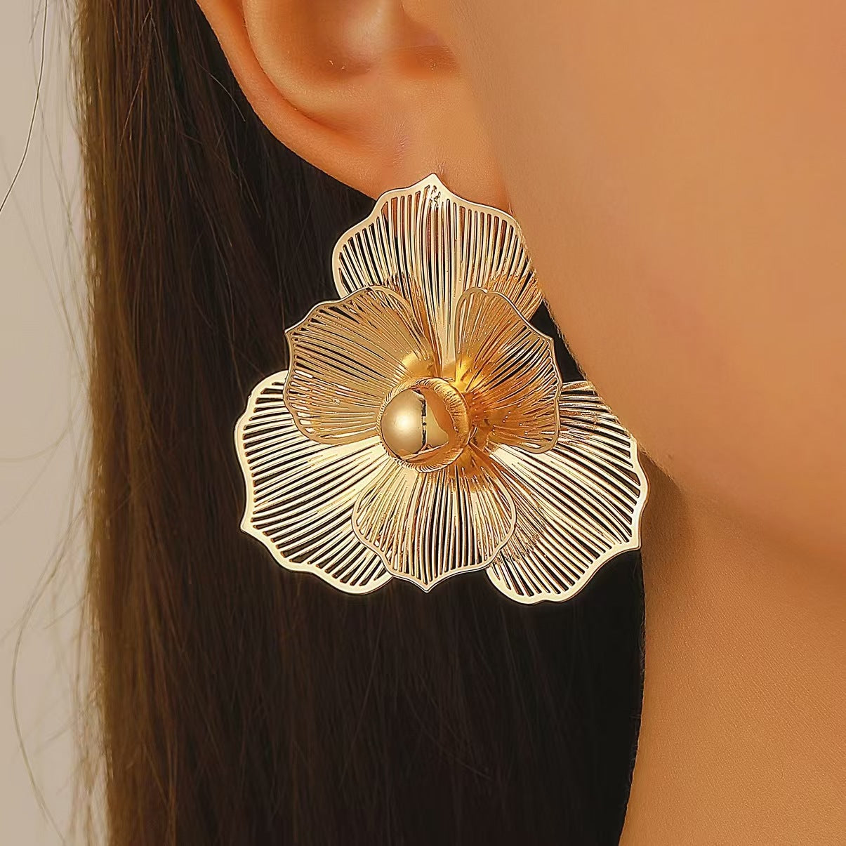 Golden Floral Stud Earrings with Pearl Center