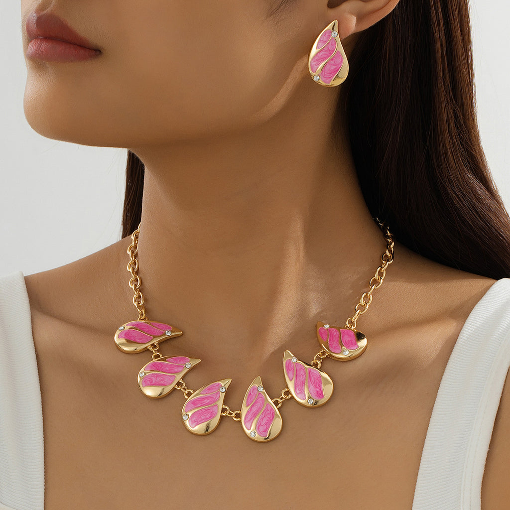Pink Pendant Necklace and Earrings Set for Women