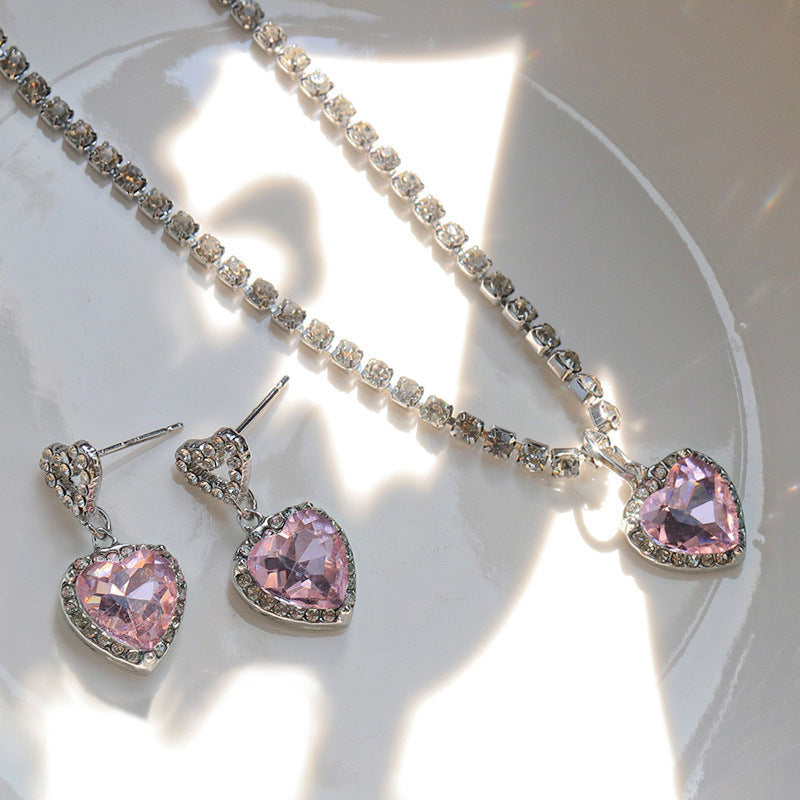 Pink Heart Zircon Necklace & Earring Set - Diamond Accent Jewelry