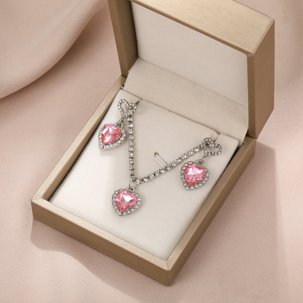 Pink Heart Zircon Necklace & Earring Set - Diamond Accent Jewelry