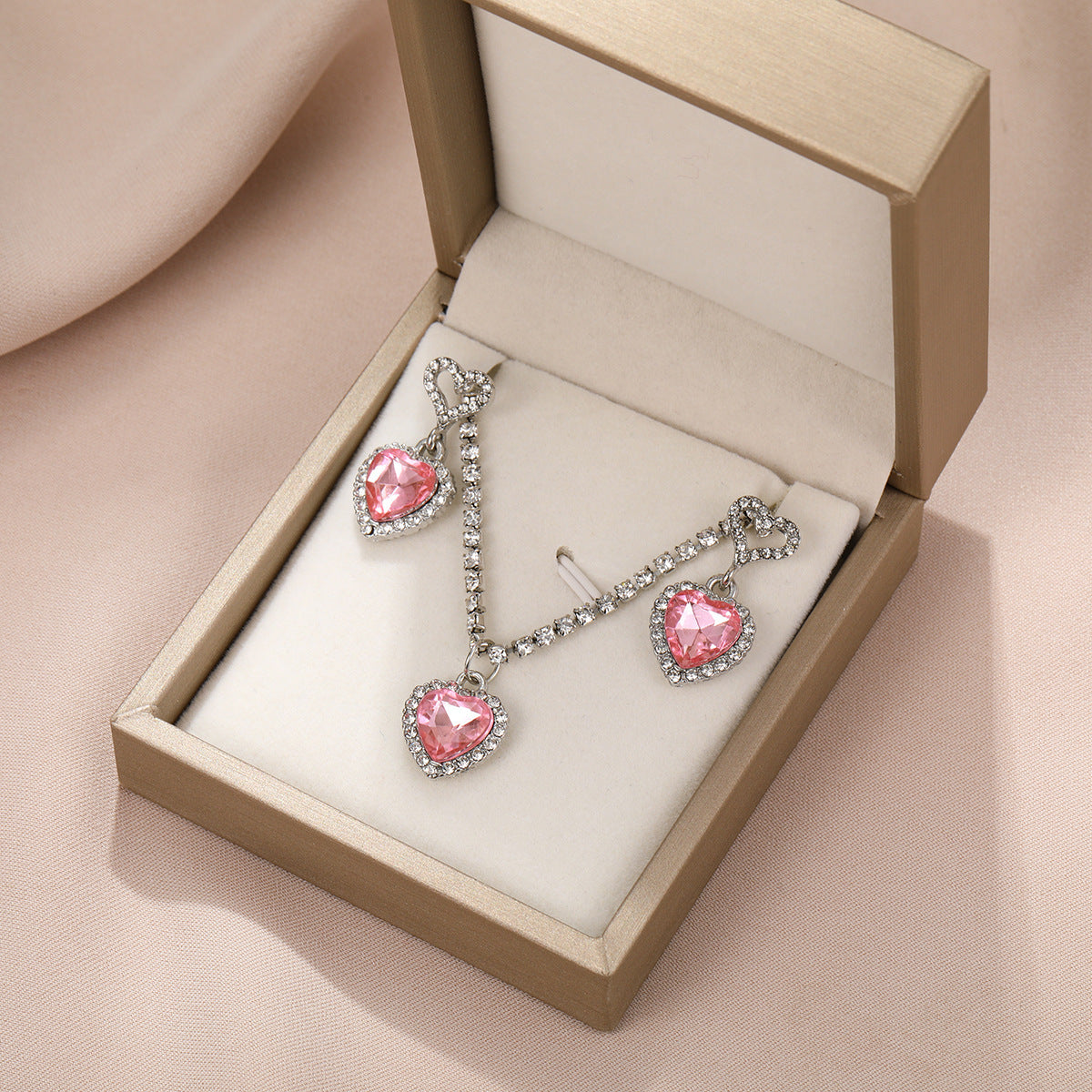 Pink Heart Zircon Necklace & Earring Set - Diamond Accent Jewelry