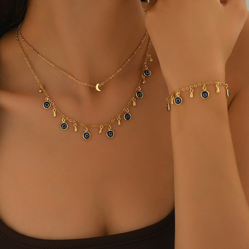 Evil Eye Protection Necklace & Bracelet Set - Gold Layered Charm Jewelry