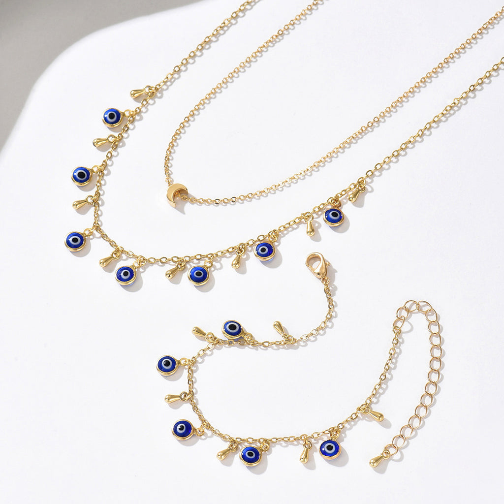 Evil Eye Protection Necklace & Bracelet Set - Gold Layered Charm Jewelry
