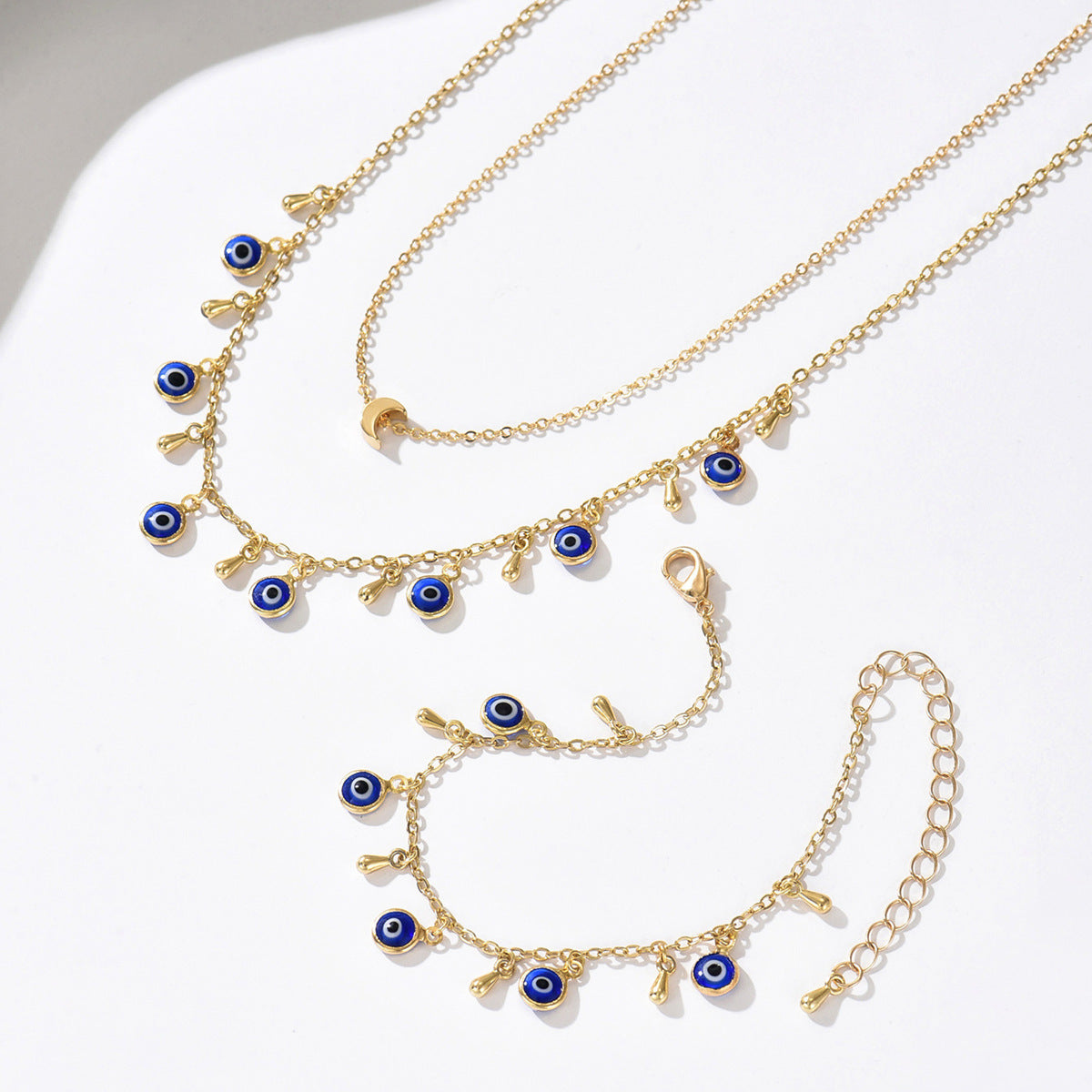 Evil Eye Protection Necklace & Bracelet Set - Gold Layered Charm Jewelry