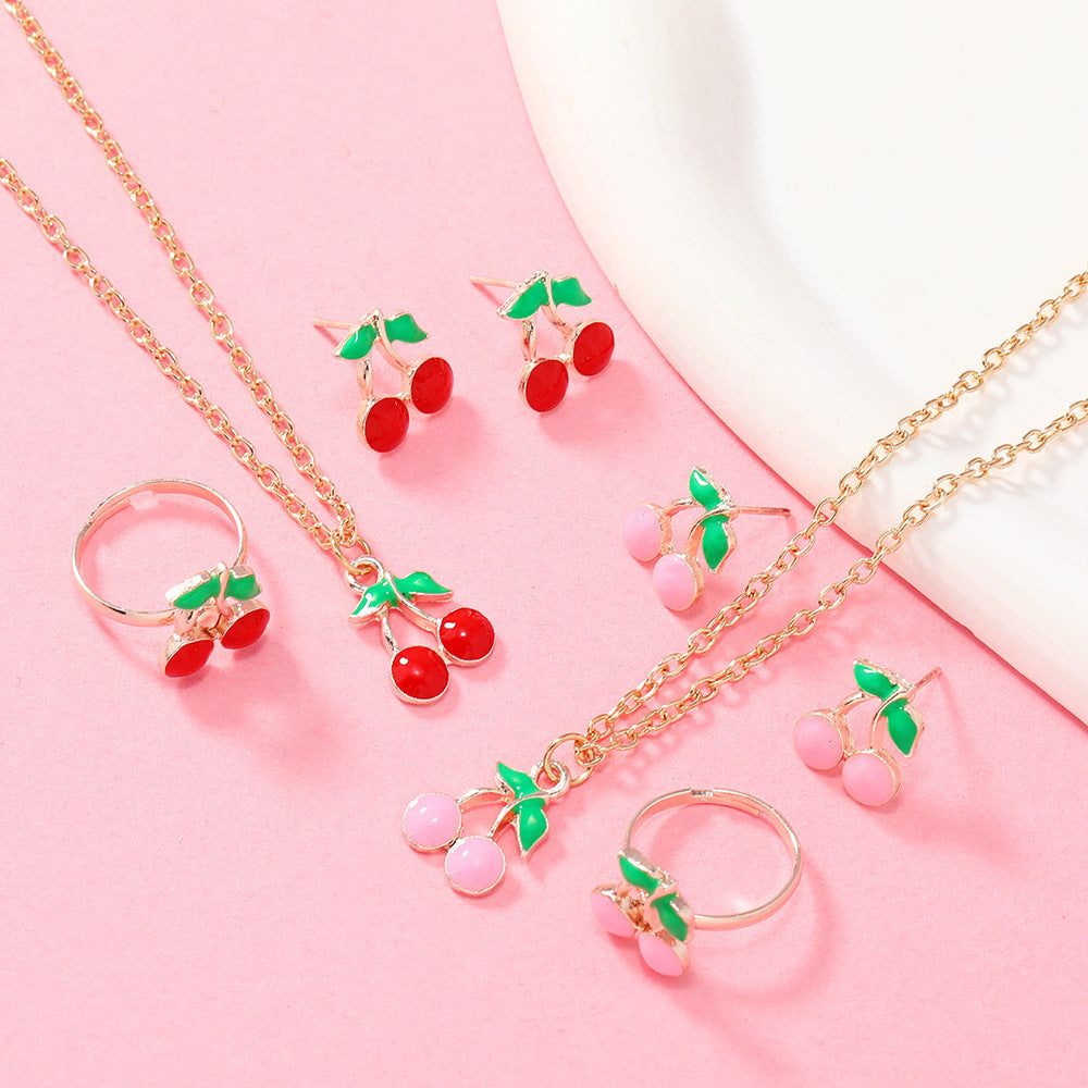 Elegant Cherry Pendant Necklace & Earrings Set – Fashion Accessories for Women