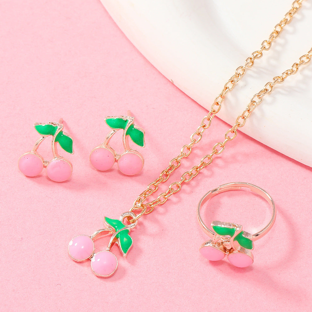 Elegant Cherry Pendant Necklace & Earrings Set – Fashion Accessories for Women
