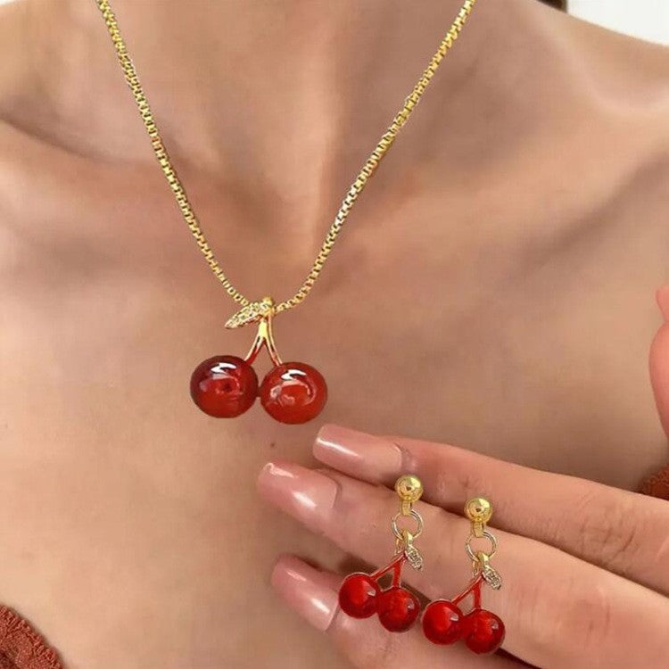 Elegant Red Cherry Pendant Necklace with Matching Earrings