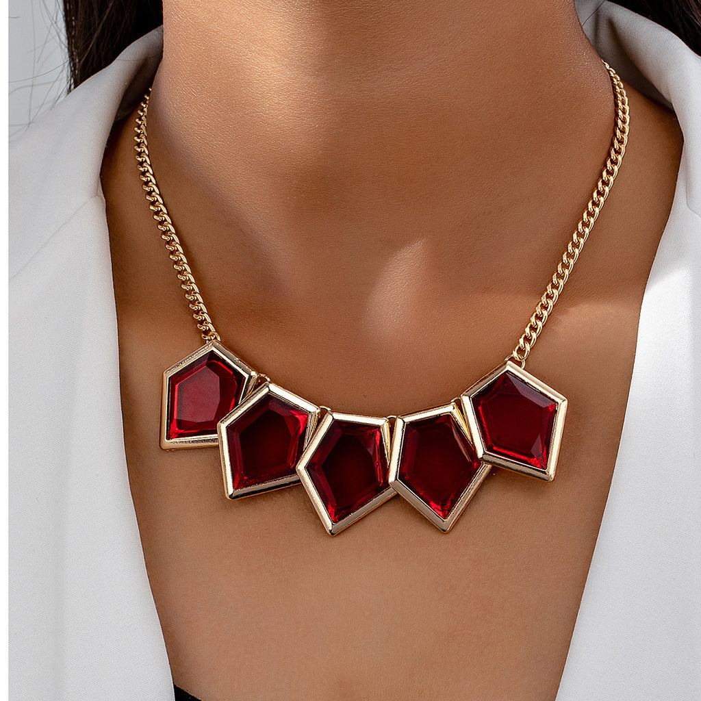 Women's Fashion Necklace – Gold Plated Geometric Design with Red, White & Black Stone Pendant