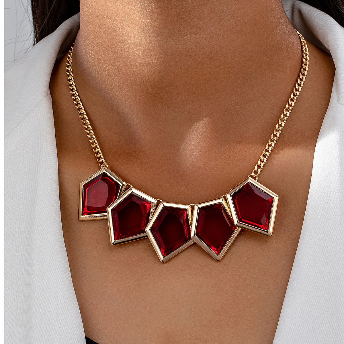 Women's Fashion Necklace – Gold Plated Geometric Design with Red, White & Black Stone Pendant