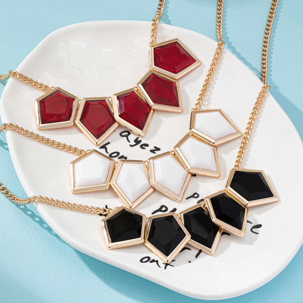 Women's Fashion Necklace – Gold Plated Geometric Design with Red, White & Black Stone Pendant