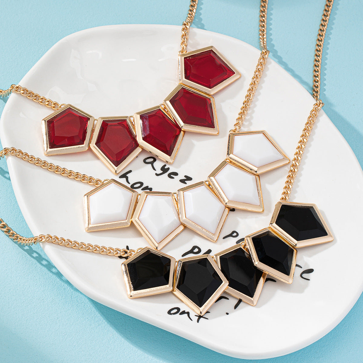 Women's Fashion Necklace – Gold Plated Geometric Design with Red, White & Black Stone Pendant