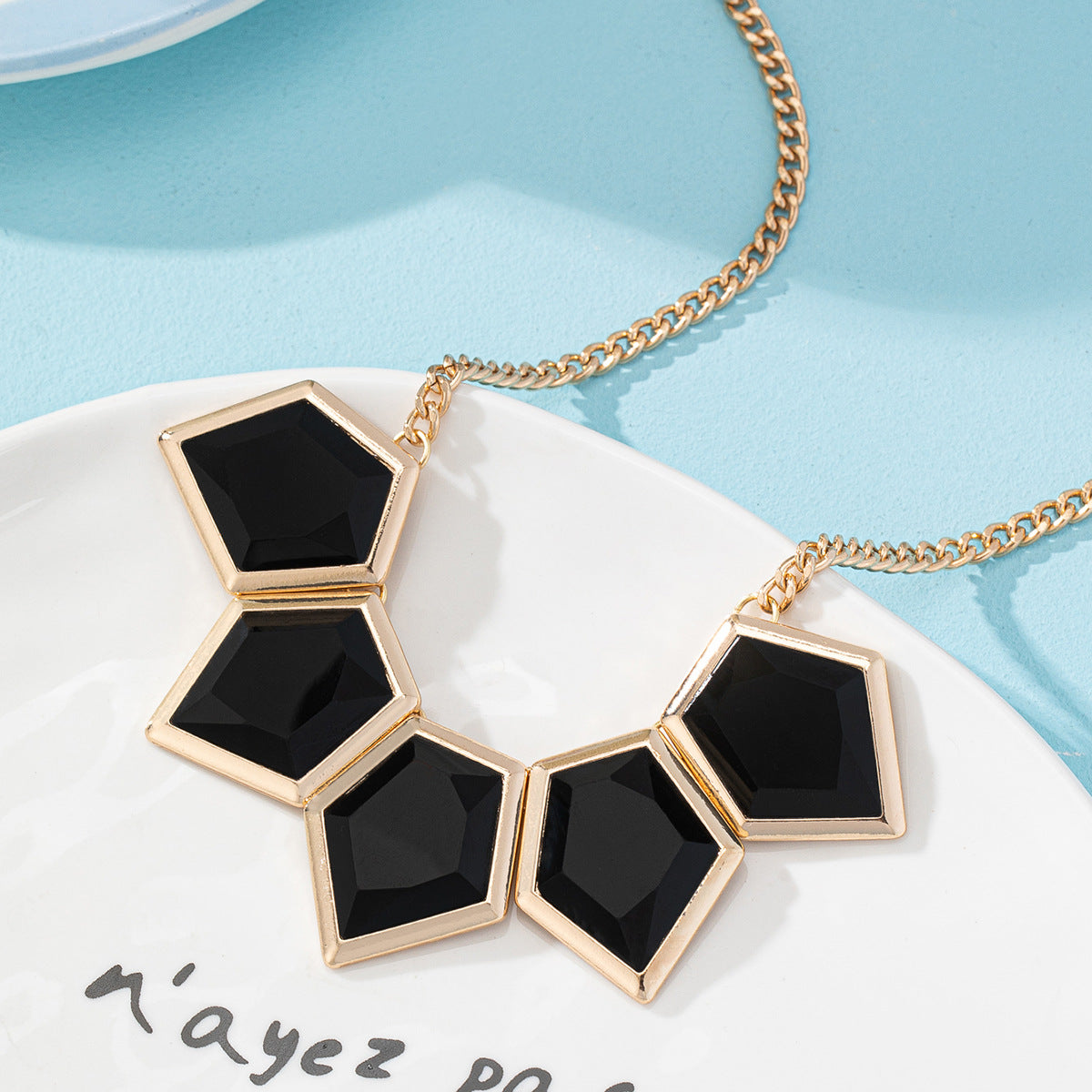 Women's Fashion Necklace – Gold Plated Geometric Design with Red, White & Black Stone Pendant
