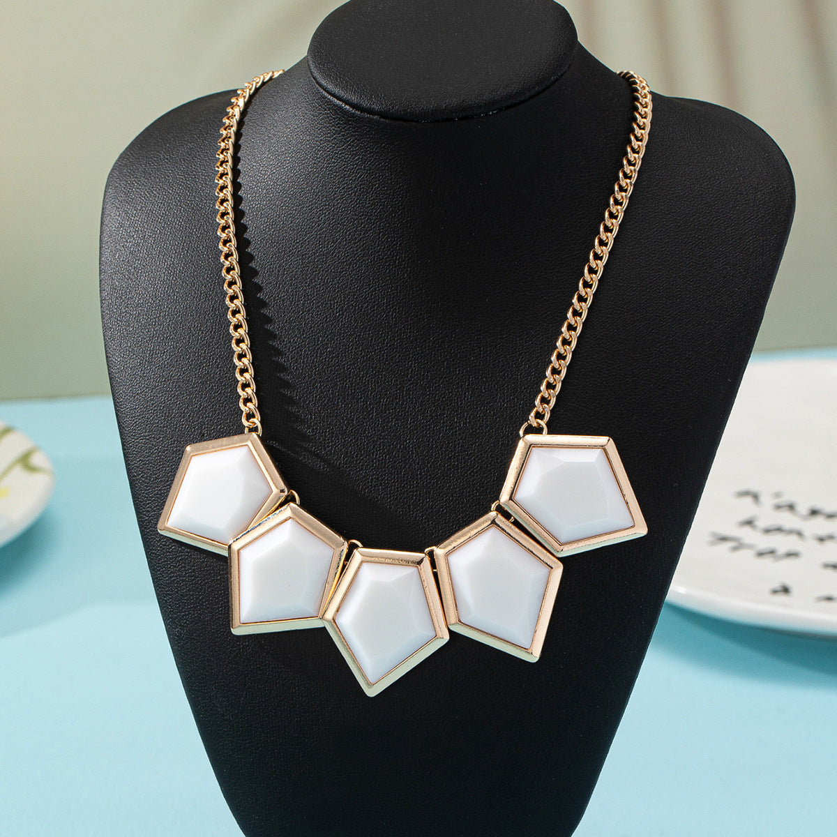 Women's Fashion Necklace – Gold Plated Geometric Design with Red, White & Black Stone Pendant