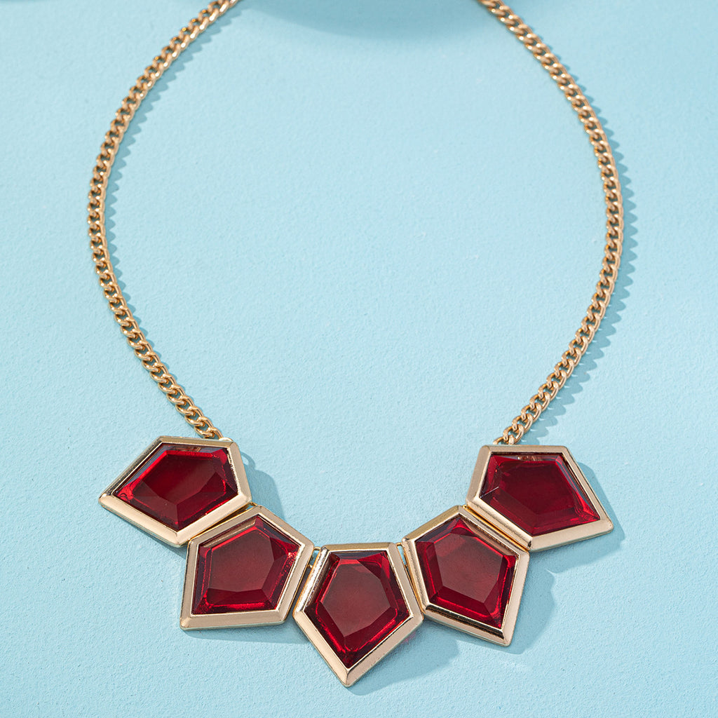 Women's Fashion Necklace – Gold Plated Geometric Design with Red, White & Black Stone Pendant