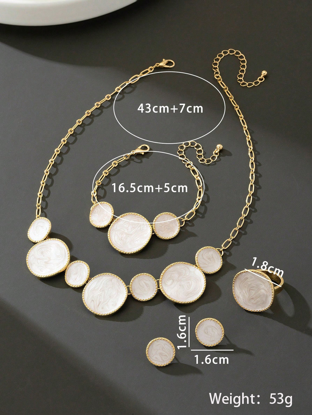 Elegant White Enamel Geometric Jewelry Set for Women – Gold Plated Necklace, Bracelet, Ring & Stud Earrings Set