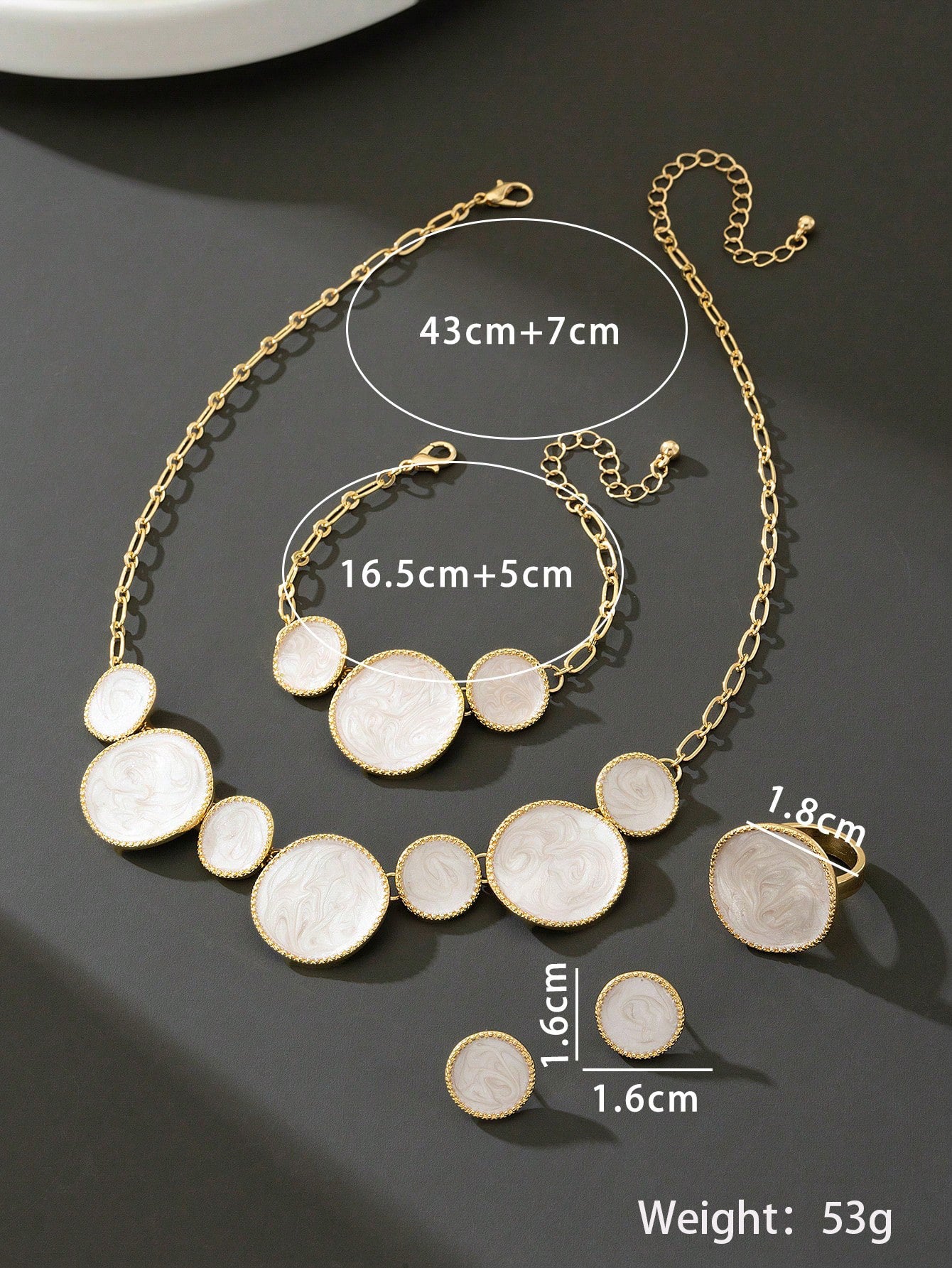 Elegant White Enamel Geometric Jewelry Set for Women – Gold Plated Necklace, Bracelet, Ring & Stud Earrings Set