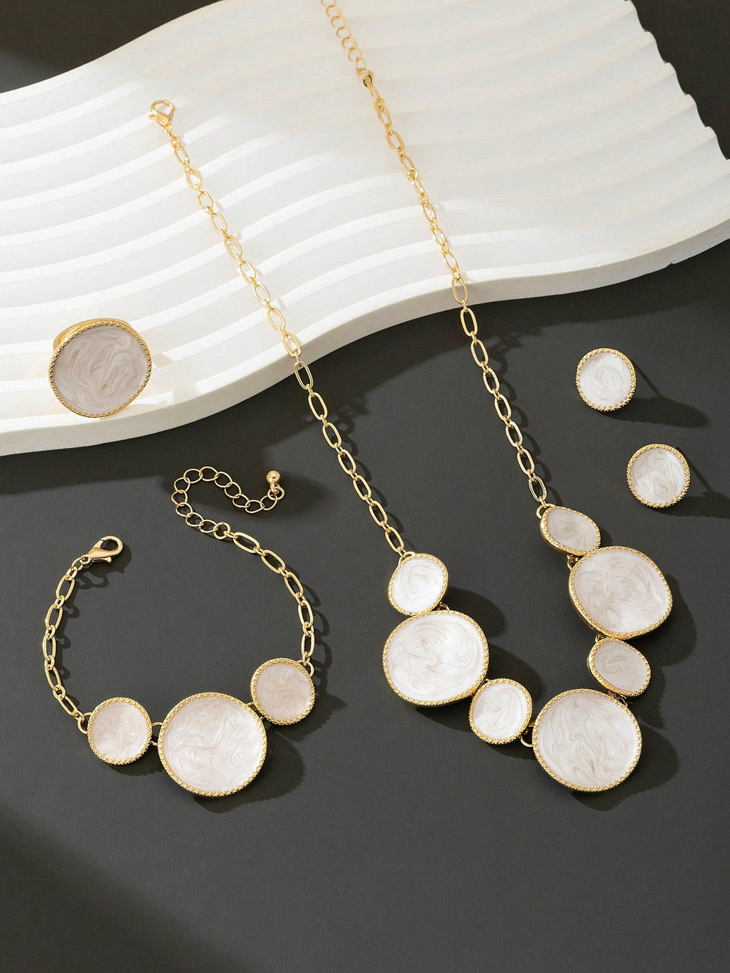 Elegant White Enamel Geometric Jewelry Set for Women – Gold Plated Necklace, Bracelet, Ring & Stud Earrings Set