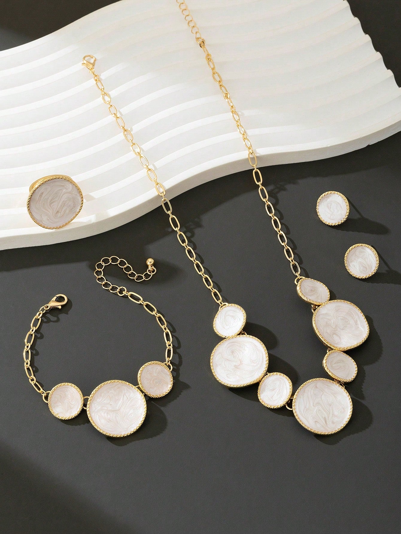 Elegant White Enamel Geometric Jewelry Set for Women – Gold Plated Necklace, Bracelet, Ring & Stud Earrings Set