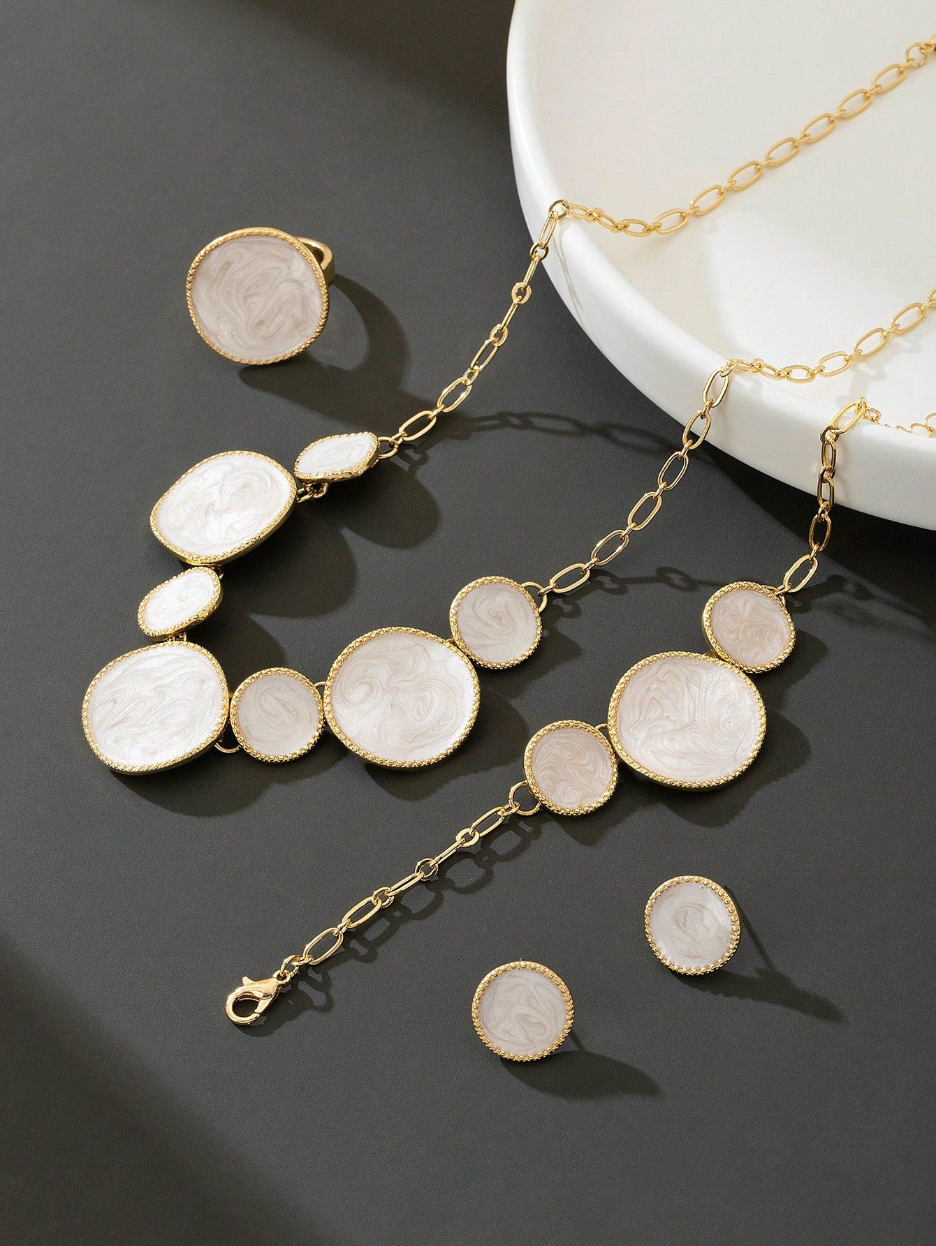 Elegant White Enamel Geometric Jewelry Set for Women – Gold Plated Necklace, Bracelet, Ring & Stud Earrings Set