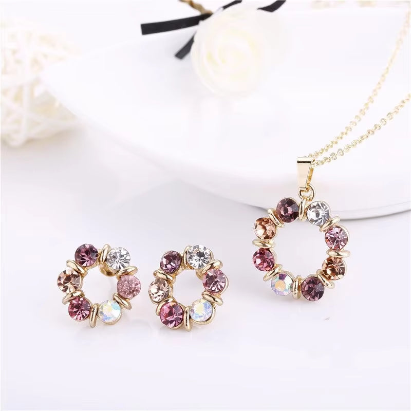 Multicolor Crystal Flower Jewelry Set for Women – Gold Plated Necklace & Earrings