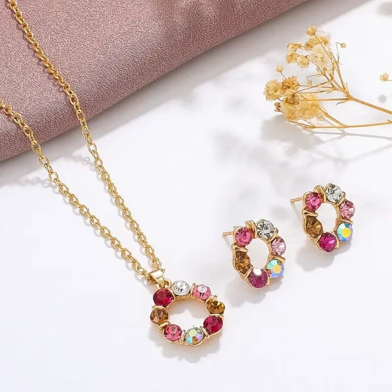 Multicolor Crystal Flower Jewelry Set for Women – Gold Plated Necklace & Earrings