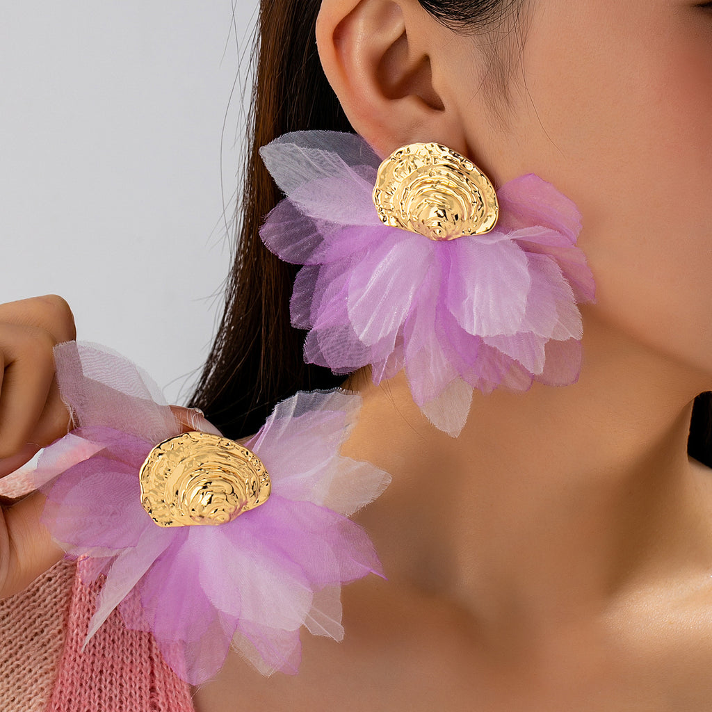 Boho Lavender Floral Statement Earrings for Women – Lightweight Fabric Petal Drop Earrings with Gold Tone Electroplated Finish & 304 Stainless Steel Ear Pins