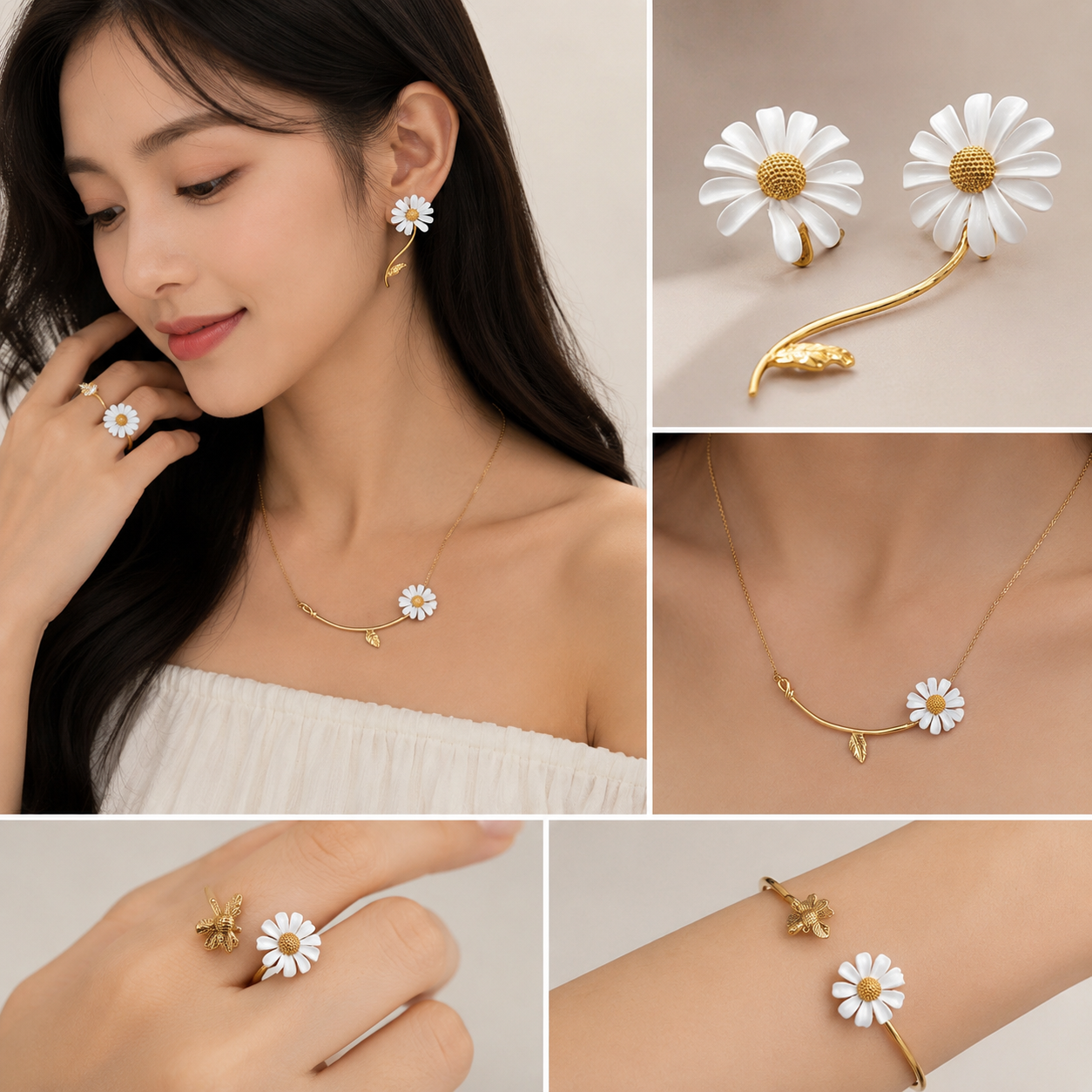 White Daisy Flower Jewelry Set for Women – Gold Plated Floral Fashion Jewelry