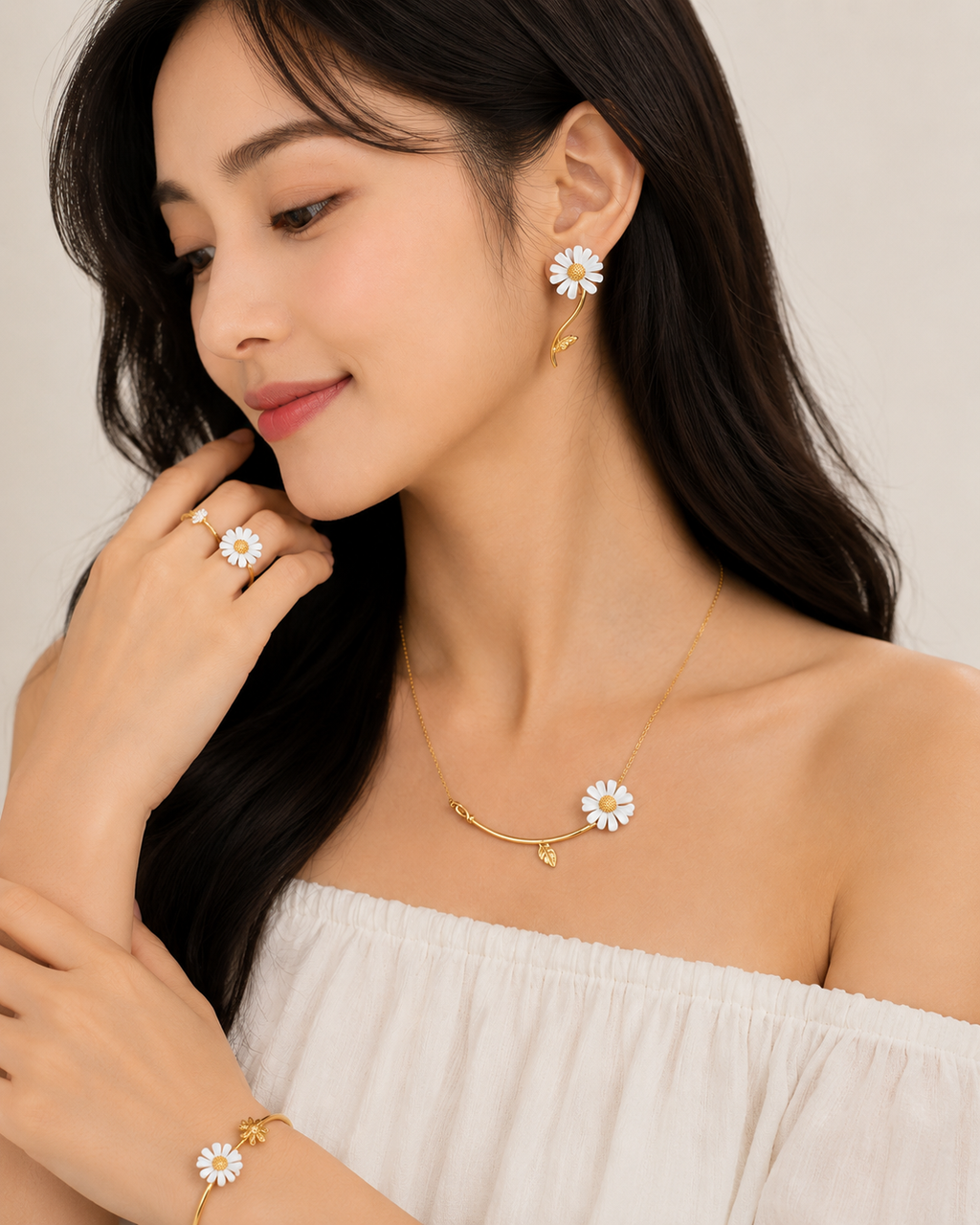 White Daisy Flower Jewelry Set for Women – Gold Plated Floral Fashion Jewelry