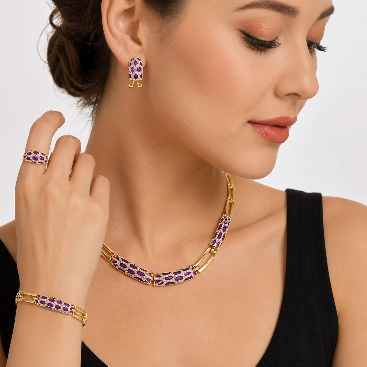 Women's Gold Plated Geometric Jewelry Set – Purple Enamel Rhinestone Necklace, Bracelet, Ring & Earrings (4 Piece Set)