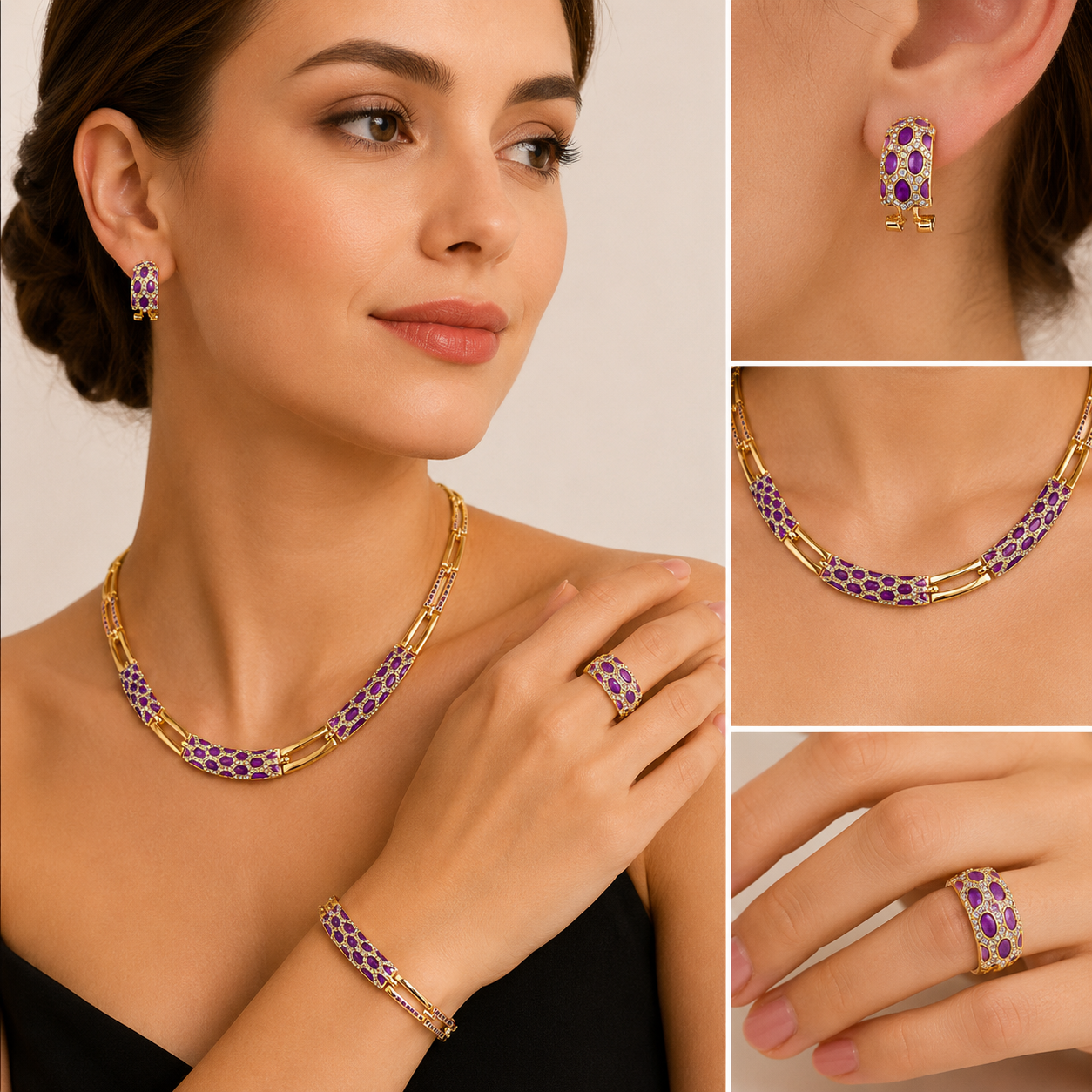 Women's Gold Plated Geometric Jewelry Set – Purple Enamel Rhinestone Necklace, Bracelet, Ring & Earrings (4 Piece Set)