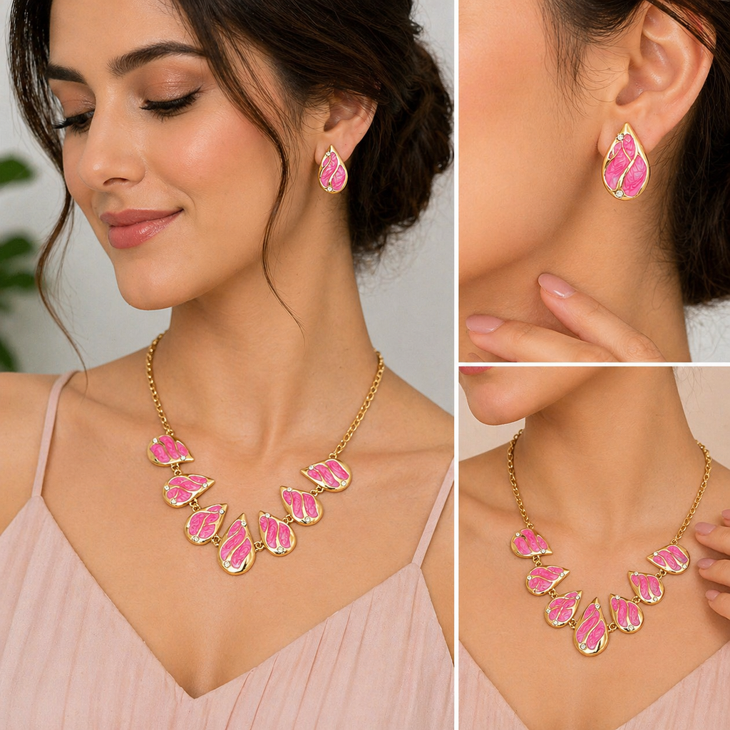 Pink Pendant Necklace and Earrings Set for Women