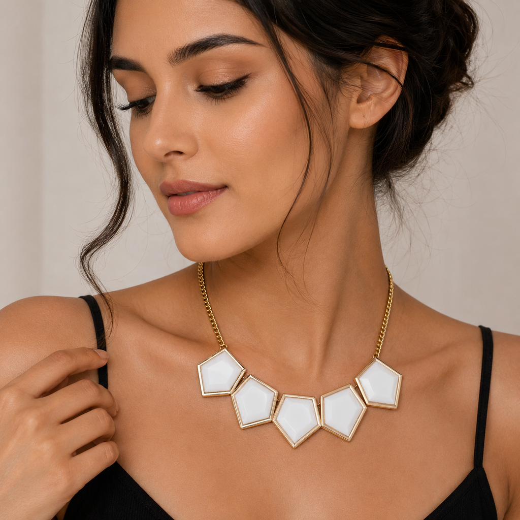 Women's Fashion Necklace – Gold Plated Geometric Design with Red, White & Black Stone Pendant