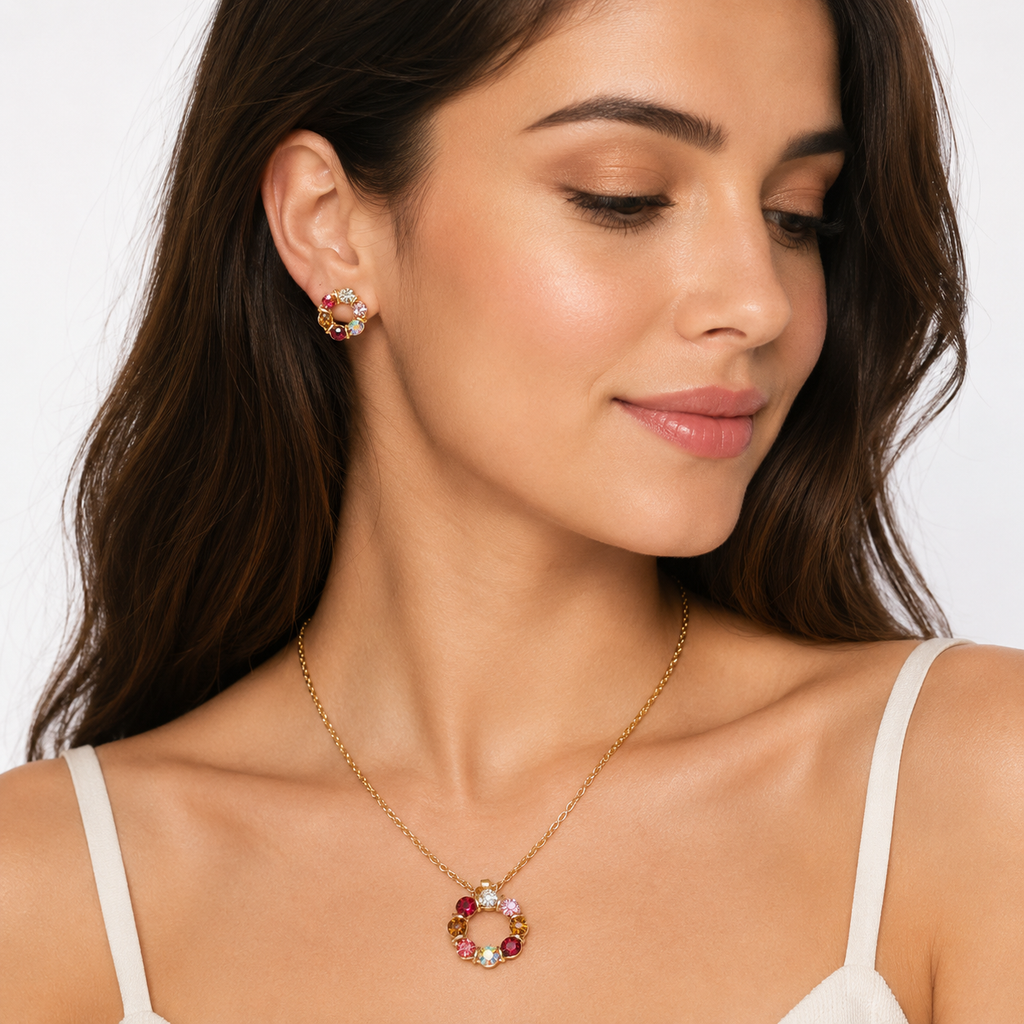 Multicolor Crystal Flower Jewelry Set for Women – Gold Plated Necklace & Earrings