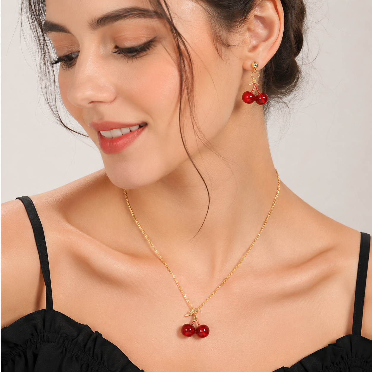 Elegant Red Cherry Pendant Necklace with Matching Earrings