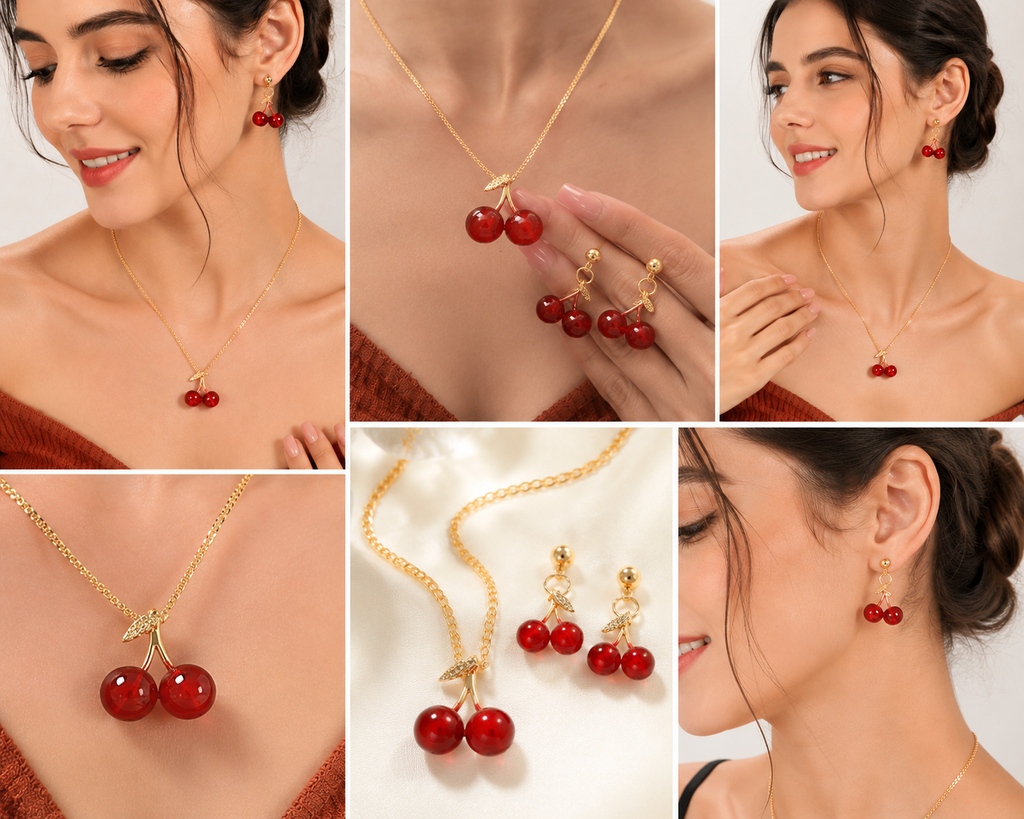 Elegant Red Cherry Pendant Necklace with Matching Earrings