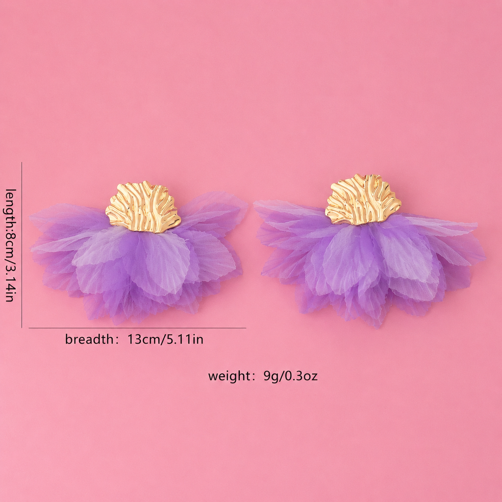 Boho Lavender Floral Statement Earrings for Women – Lightweight Fabric Petal Drop Earrings with Gold Tone Electroplated Finish & 304 Stainless Steel Ear Pins