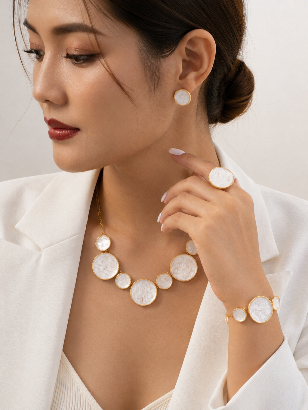 Elegant White Enamel Geometric Jewelry Set for Women – Gold Plated Necklace, Bracelet, Ring & Stud Earrings Set