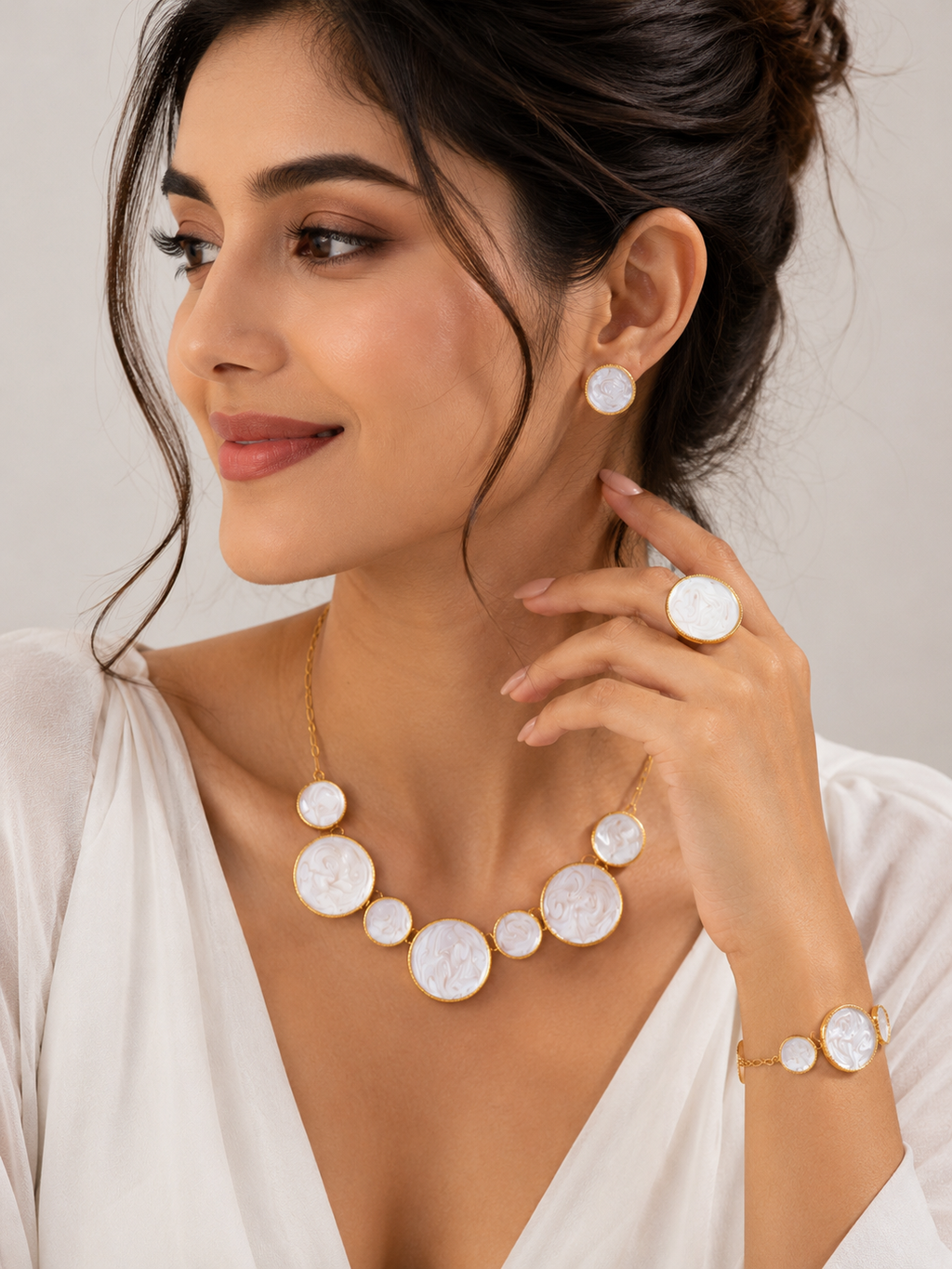 Elegant White Enamel Geometric Jewelry Set for Women – Gold Plated Necklace, Bracelet, Ring & Stud Earrings Set