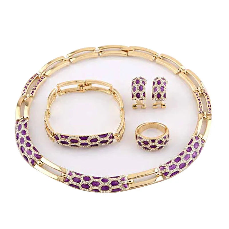 Women's Gold Plated Geometric Jewelry Set – Purple Enamel Rhinestone Necklace, Bracelet, Ring & Earrings (4 Piece Set)