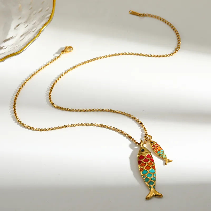 Vibrant Rainbow Fish Pendant Necklace - 18K Gold Plated Stainless Steel