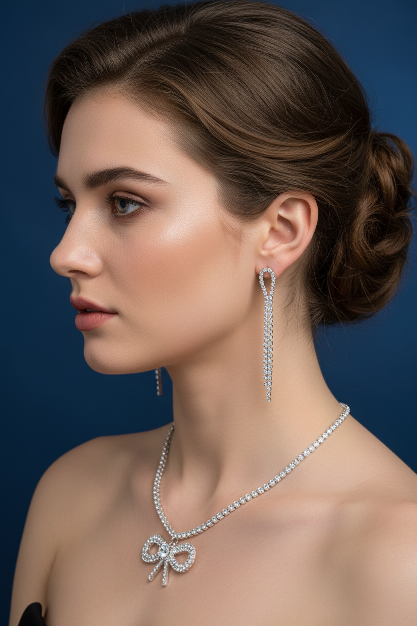 Woman wearing a diamond necklace and earrings against a blue background