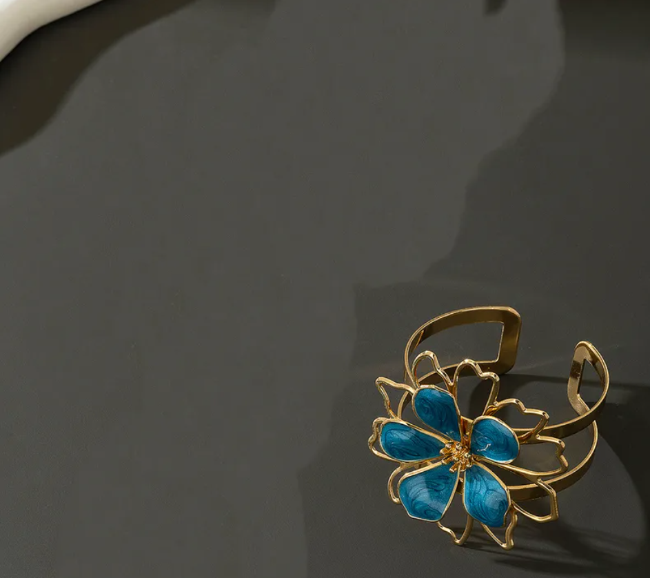 Ocean Bloom Cuff Bracelet – Blue Enamel Floral Bangle