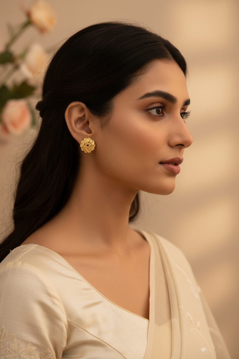 Close-up of gold earrings on Indian model