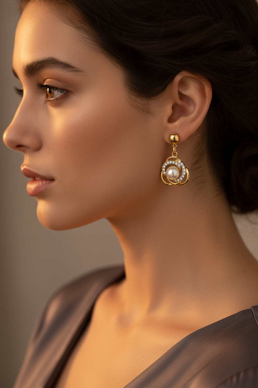 Close-up of gold swirl pearl earrings