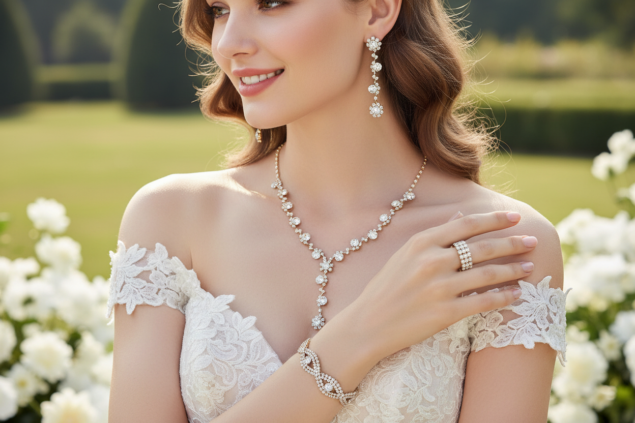 Close-up of model with complete jewelry set